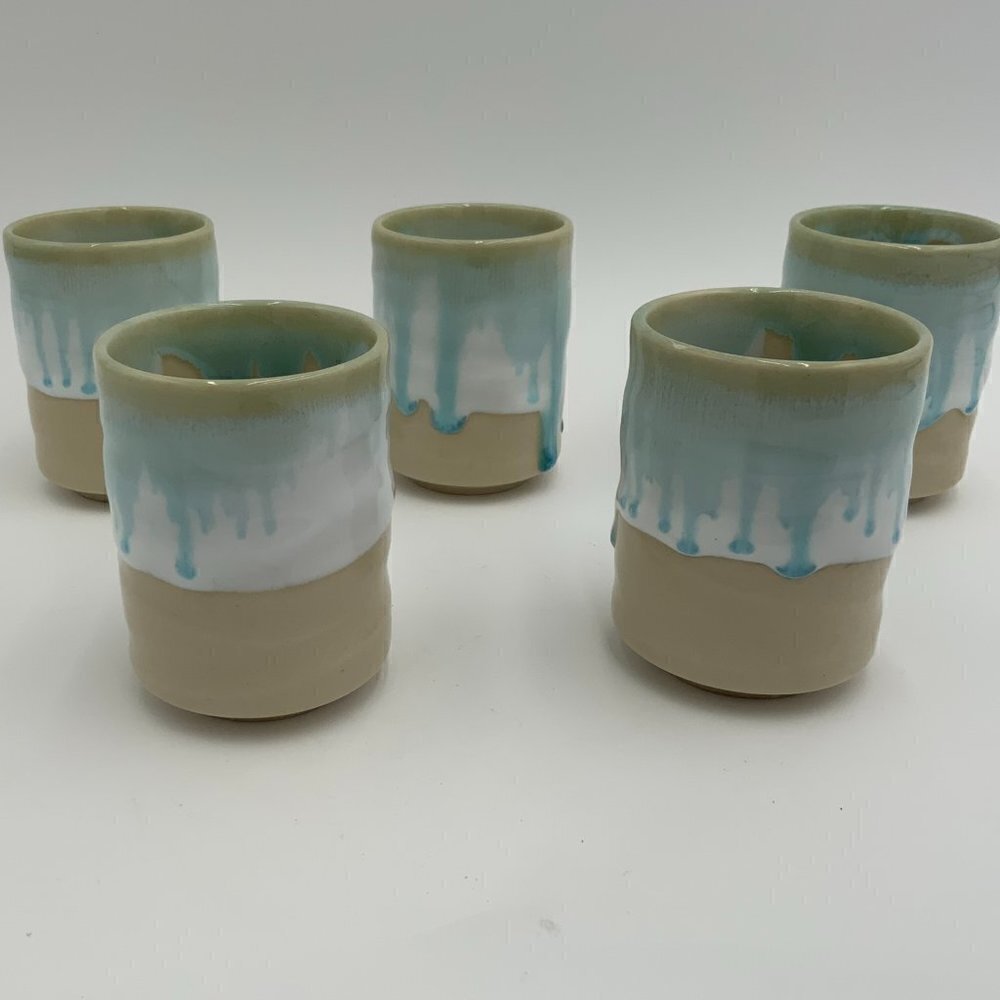 Set of 5 Mino Ware Japan Pottery Yunomi Chawan Teacups Frost White/Glacier Blue - Picture 5 of 12